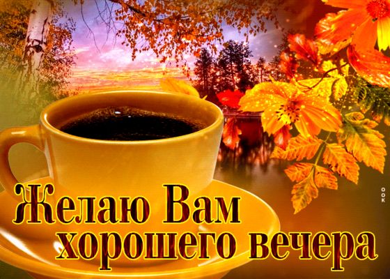 Открытка «Пожелание»: Добрый вечер: «Чашка кофе в осеннем парке». Тэги: кофе, осень, хороший, чашка, теплый, дерево…