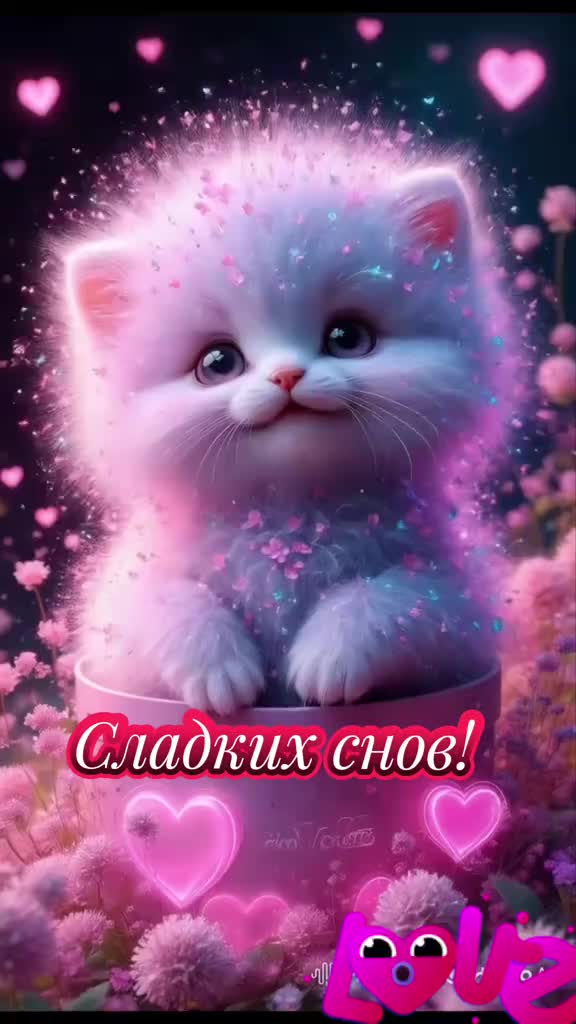 Открытка «Доброй ночи»: Спокойной ночи: «Пушистый котенок в цветах». Тэги: Спокойной ночи, Спокойной ночи, красивые…
