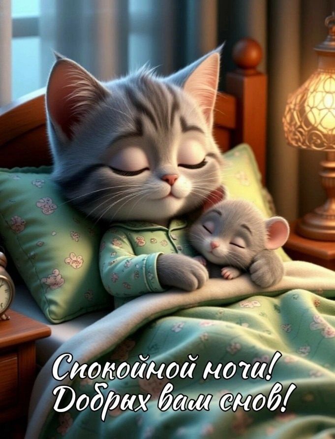 Открытка «Доброй ночи»: Спокойной ночи: Спящий котик и мышонок. Тэги: Спокойной ночи, Спокойной ночи, с пожеланиями…