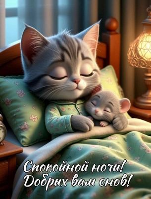 Открытка «Доброй ночи»: Спокойной ночи: Спящий котик и мышонок. Тэги: Спокойной ночи, Спокойной ночи, с пожеланиями…