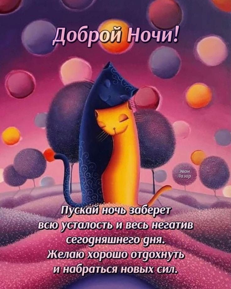 Открытка «Доброй ночи»: Спокойной и доброй ночи: «Влюбленные коты». Тэги: Спокойной ночи, Спокойной ночи, с пожелания…