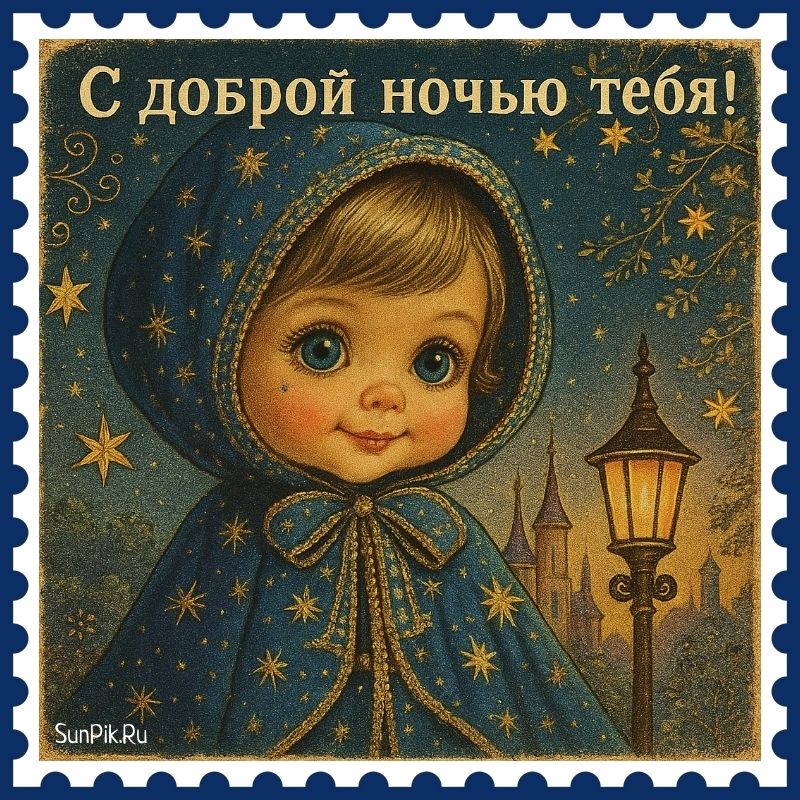 Открытка «Доброй ночи»: Доброй ночи: милая девочка под звездным небом. Тэги: Спокойной ночи, Спокойной ночи, красивые…