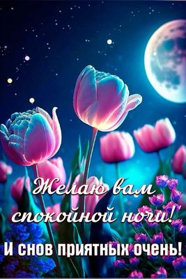 Открытка «Доброй ночи»: Спокойной ночи: Волшебные тюльпаны под луной. Тэги: Спокойной ночи, Спокойной ночи, красивые…