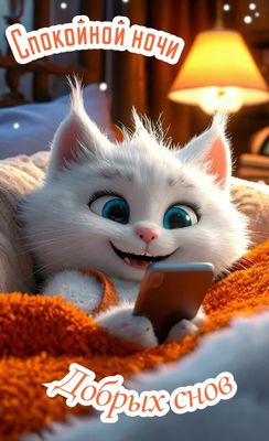 Открытка «Доброй ночи»: Спокойной ночи: милый белый котик с телефоном. Тэги: Спокойной ночи, Спокойной ночи, красивые…