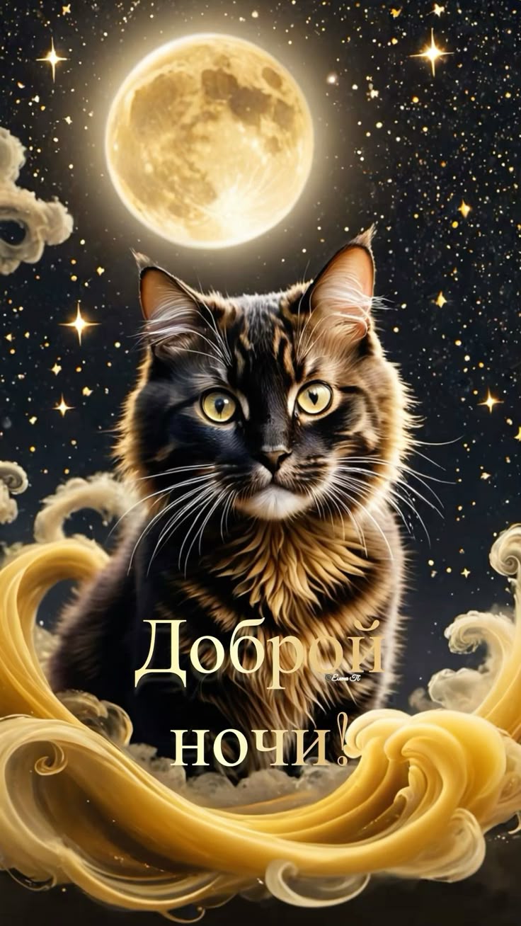 Открытка «Доброй ночи»: Доброй ночи: «Волшебный кот под полной луной». Тэги: Спокойной ночи, Спокойной ночи, красивые…