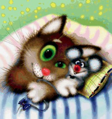 Открытка «Доброй ночи»: Спокойной ночи: милая открытка с котиком и мышкой. Тэги: Спокойной ночи, Спокойной ночи…