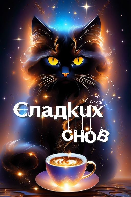 Открытка «Доброй ночи»: Доброй ночи: Сладких снов и волшебный черный кот. Тэги: Спокойной ночи, Спокойной ночи…