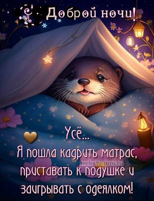 Открытка «Доброй ночи»: Доброй ночи: «Милая выдра под одеялом». Тэги: Спокойной ночи, матрас, Спокойной ночи, с пожел…