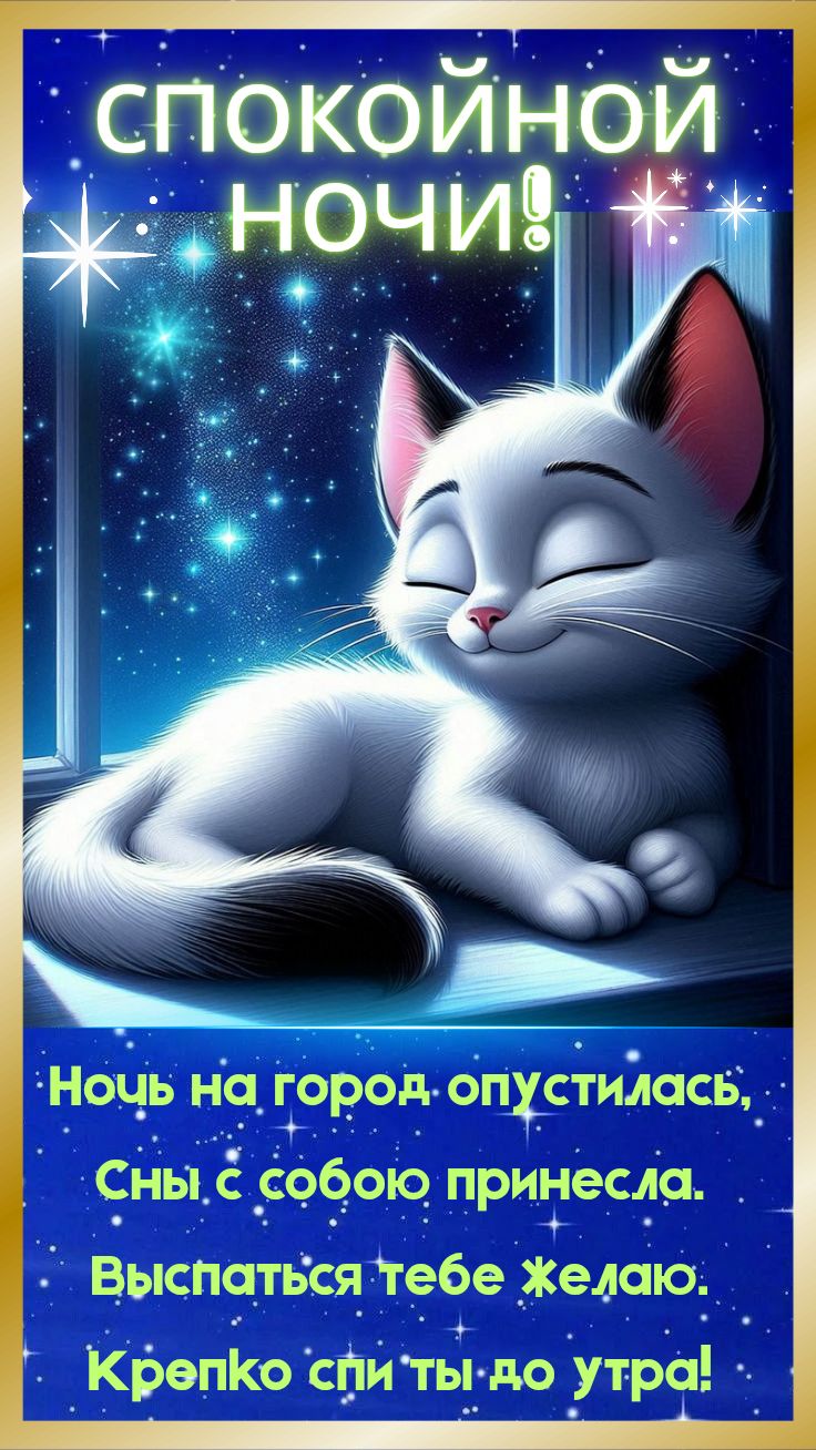 Открытка «Доброй ночи»: Доброй ночи: Спящий котик и пожелание сладких снов. Тэги: Спокойной ночи, Спокойной ночи…