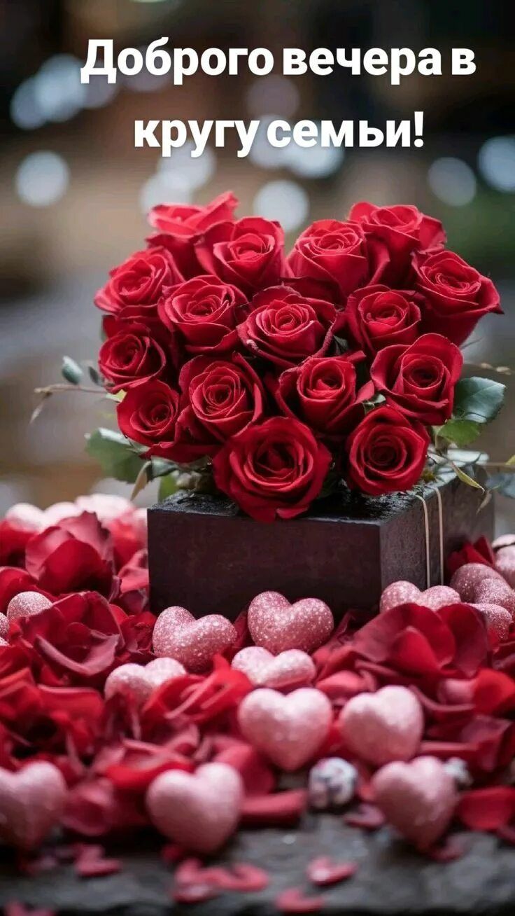 Открытка «Добрый вечер и пожелания»: Добрый вечер в кругу семьи: яркие розы и сердца. Тэги: Доброго вечера и хорошего…