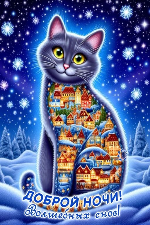 Открытка «Доброй ночи»: Доброй ночи! Волшебных снов с мурлыкающим котом. Тэги: Спокойной ночи, Спокойной ночи, красив…
