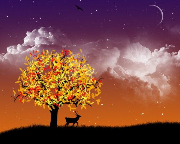 Открытка «Доброй ночи»: Спокойной ночи: Волшебный пейзаж с оленем.