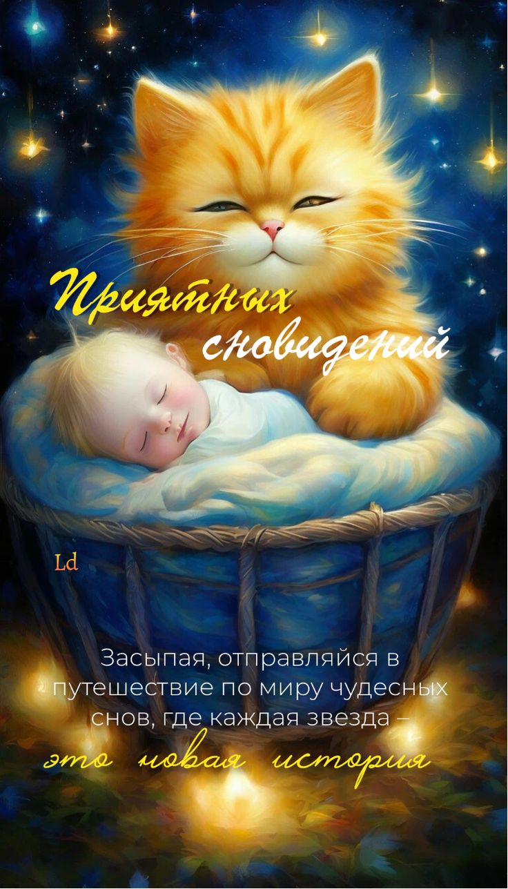 Открытка «Доброй ночи»: Доброй ночи: «Рыжий кот и спящий малыш». Тэги: Спокойной ночи, Спокойной ночи, с пожеланиями…