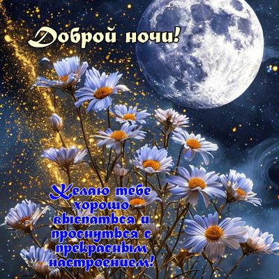 Открытка «Доброй ночи»: Доброй ночи: пожелание и прекрасный букет ромашек. Тэги: Спокойной ночи, Спокойной ночи…