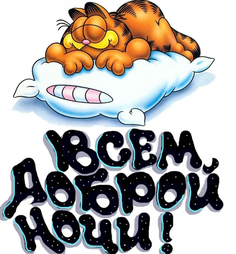 Открытка «Доброй ночи»: Спокойной ночи: прикольный кот Гарфилд на подушке. Тэги: Спокойной ночи, Спокойной ночи…