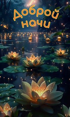 Открытка «Доброй ночи»: Доброй ночи: «Светящиеся лилии на воде». Тэги: Спокойной ночи, Спокойной ночи, красивые…