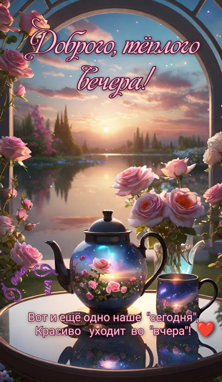 Открытка «Добрый вечер красивые»: Добрый вечер: чай и розовый сад на закате. Тэги: Доброго летнего вечера, Добрый веч…