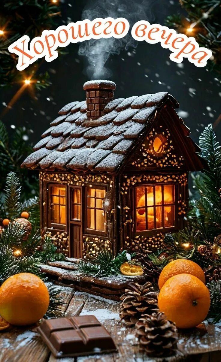 Открытка «Добрый вечер и пожелания»: Добрый вечер: Уютный зимний домик и мандарины. Тэги: Добрый зимний вечер, Добрый…