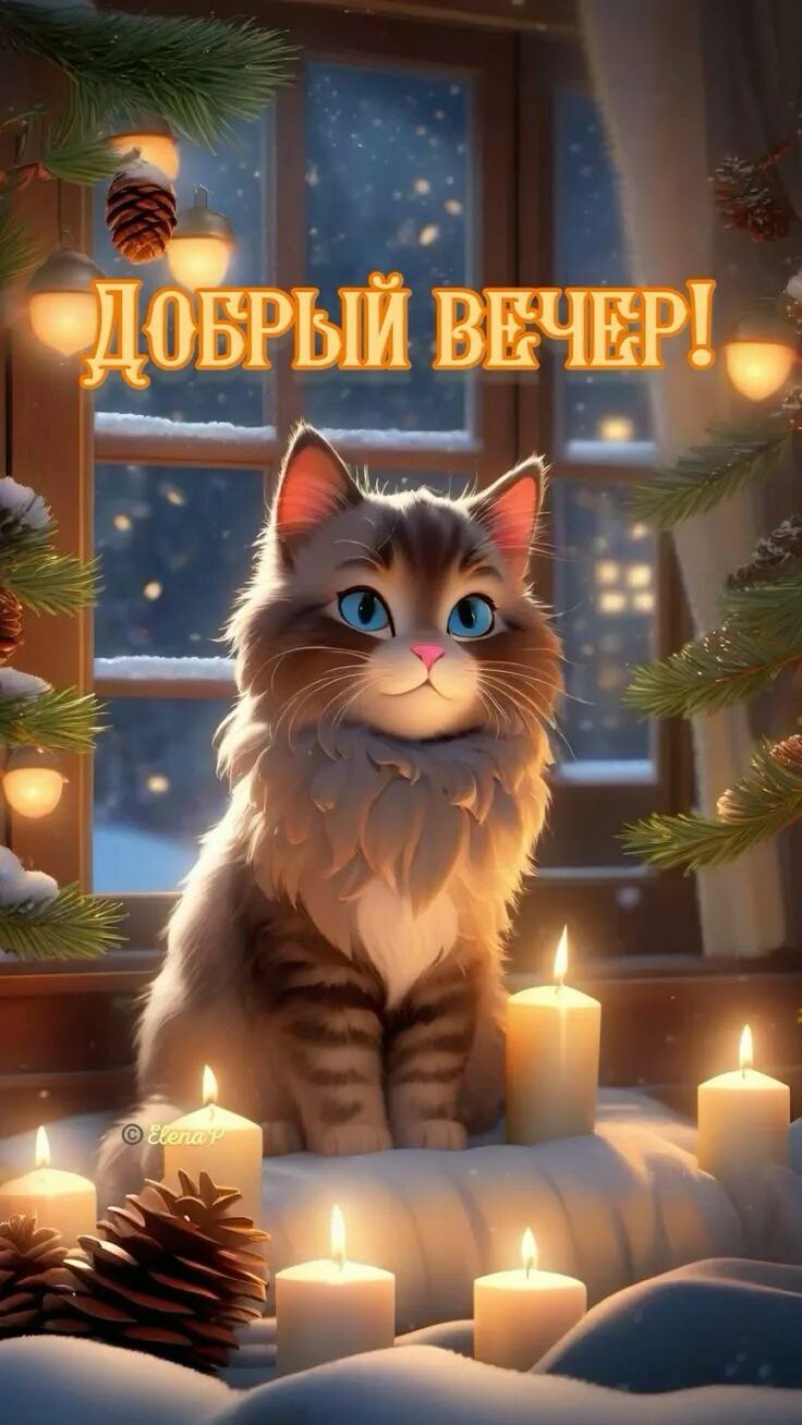 Открытка «Добрый вечер и пожелания»: Добрый вечер: пушистый кот и уютные свечи у окна. Тэги: Добрый зимний вечер…