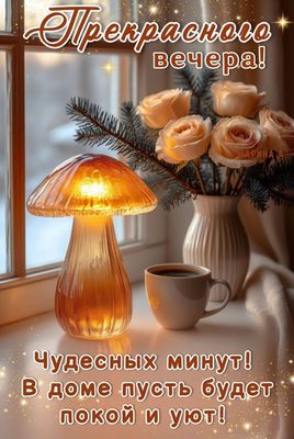 Открытка «Добрый вечер и пожелания»: Добрый вечер: «Прекрасного вечера и уюта». Тэги: Добрый зимний вечер, Доброго ве…