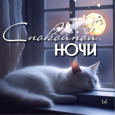 Открытка «Доброй ночи»: Открытка спокойной ночи с белым котом на окне. Тэги: Спокойной ночи, Спокойной ночи, с пожела…