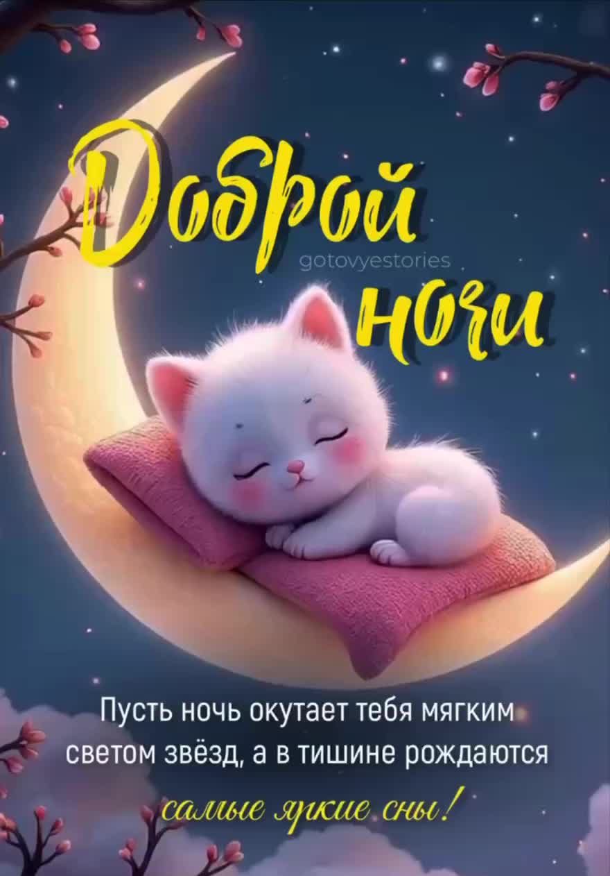 Открытка «Доброй ночи»: Доброй ночи: милый котик на луне. Тэги: Спокойной ночи, Спокойной ночи, с пожеланиями, Доброй…
