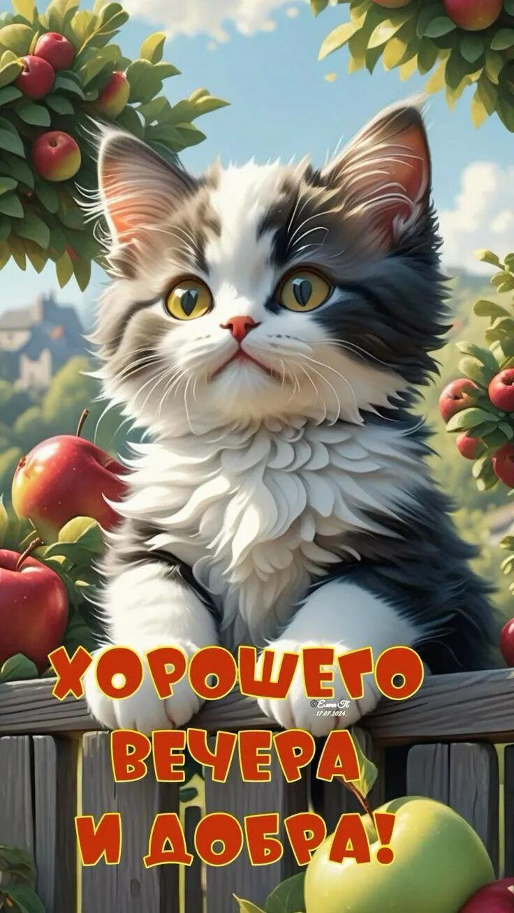 Открытка «Добрый вечер и пожелания»: Добрый вечер от пушистого котика в яблоневом саду. Тэги: Добрый вечер красивые…