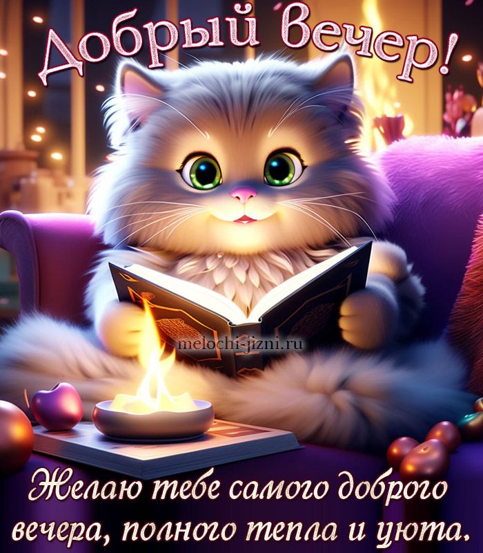 Открытка «Добрый вечер и пожелания»: Добрый вечер: пушистый кот и уютное пожелание. Тэги: Добрый вечер красивые…