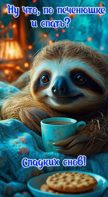 Открытка «Доброй ночи»: Доброй ночи: ленивец и милое пожелание сладких снов. Тэги: Спокойной ночи, пожелание, смешной…