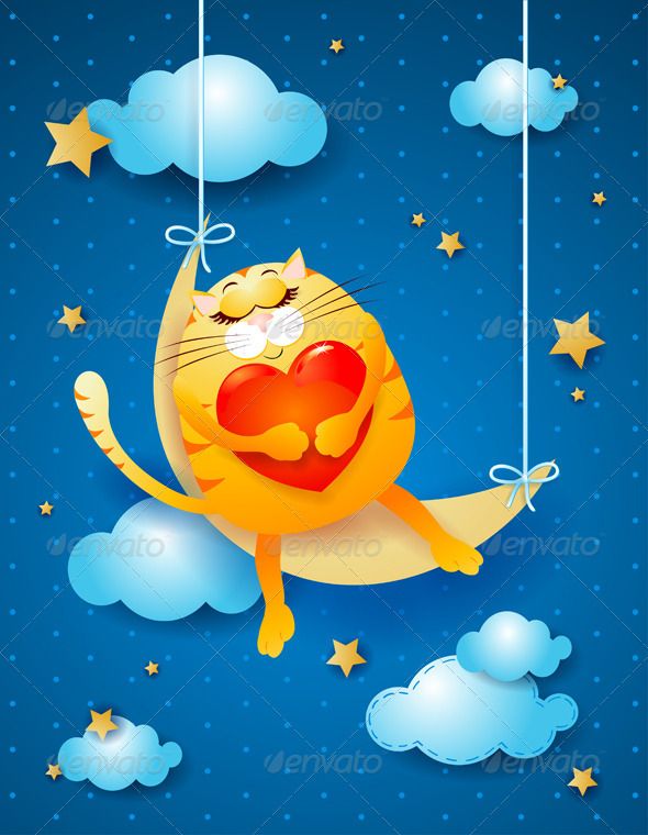 Открытка «Доброй ночи»: Доброй ночи: рыжий кот на луне с сердцем. Тэги: Спокойной ночи, Спокойной ночи, с пожеланиями…