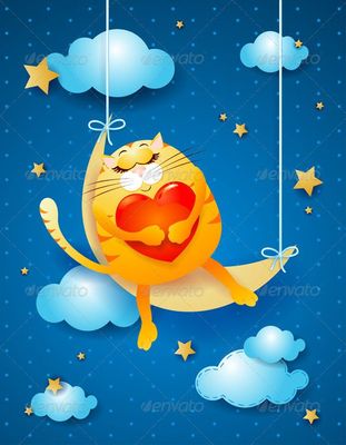 Открытка «Доброй ночи»: Доброй ночи: рыжий кот на луне с сердцем. Тэги: Спокойной ночи, Спокойной ночи, с пожеланиями…