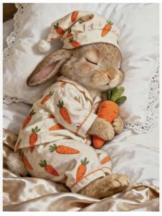 Открытка «Доброй ночи»: Спокойной ночи: Кролик в пижаме с морковкой. Тэги: Спокойной ночи, Спокойной ночи, красивые…