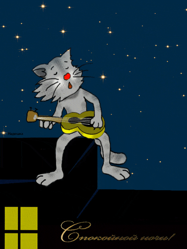 Открытка «Доброй ночи»: Спокойной ночи: прикольный серый кот с гитарой. Тэги: Спокойной ночи, Спокойной ночи, с пожел…