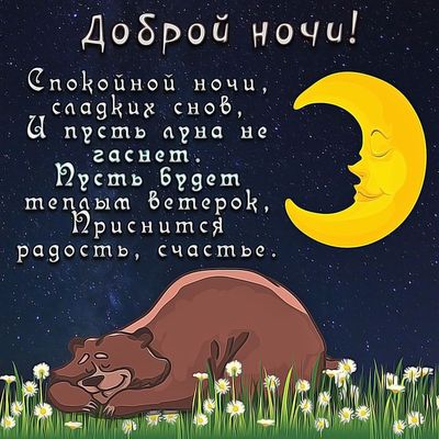 Открытка «Доброй ночи»: Доброй ночи: «Спящий мишка и луна» в поле цветов. Тэги: Спокойной ночи, Спокойной ночи…