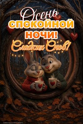 Открытка «Доброй ночи»: Доброй ночи: «Осенний уют с кроликами». Тэги: Спокойной ночи, Спокойной ночи, с пожеланиями…