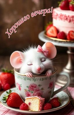 Открытка «Добрый вечер и пожелания»: Добрый вечер: милый мышонок в чашке с клубникой. Тэги: Доброго вечера и хорошего…