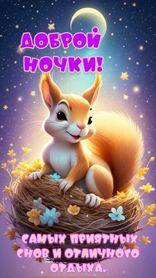 Открытка «Доброй ночи»: Доброй ночи: милая белка и спокойный отдых. Тэги: Спокойной ночи, Спокойной ночи, красивые…