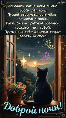 Открытка «Доброй ночи»: Доброй ночи: черный кот на окне и цветные сны. Тэги: Спокойной ночи, Спокойной ночи, красивые…