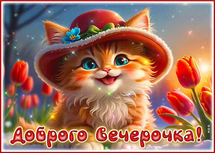 Открытка «Добрый вечер и пожелания»: Добрый вечер: милый котенок в шляпе и тюльпаны. Тэги: Добрый вечер красивые…