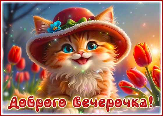 Открытка «Добрый вечер и пожелания»: Добрый вечер: милый котенок в шляпе и тюльпаны. Тэги: Добрый вечер красивые…