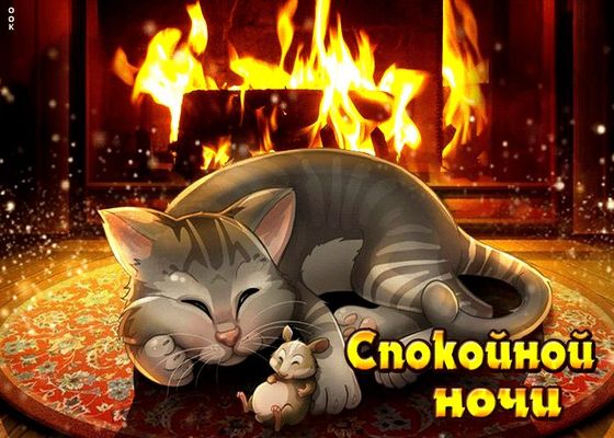 Открытка «Доброй ночи»: Спокойной ночи: милый кот у камина. Тэги: Спокойной ночи, Спокойной ночи, красивые, Спокойной…