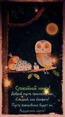 Открытка «Доброй ночи»: Спокойной ночи: Волшебное пожелание и милые совы. Тэги: Спокойной ночи, Спокойной ночи…