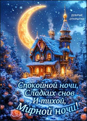 Открытка «Доброй ночи»: Спокойной ночи: магический дом и яркий месяц. Тэги: Спокойной ночи, Спокойной ночи, с пожелан…