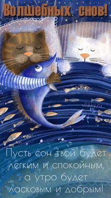 Открытка «Доброй ночи»: Спокойной ночи: «Волшебных снов» с котиками и рыбкой. Тэги: Спокойной ночи, Спокойной ночи…