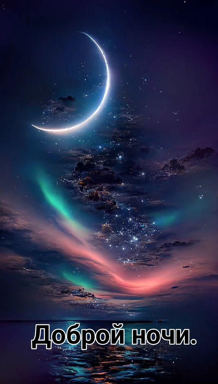 Открытка «Доброй ночи»: Спокойной и доброй ночи: волшебный пейзаж с луной.