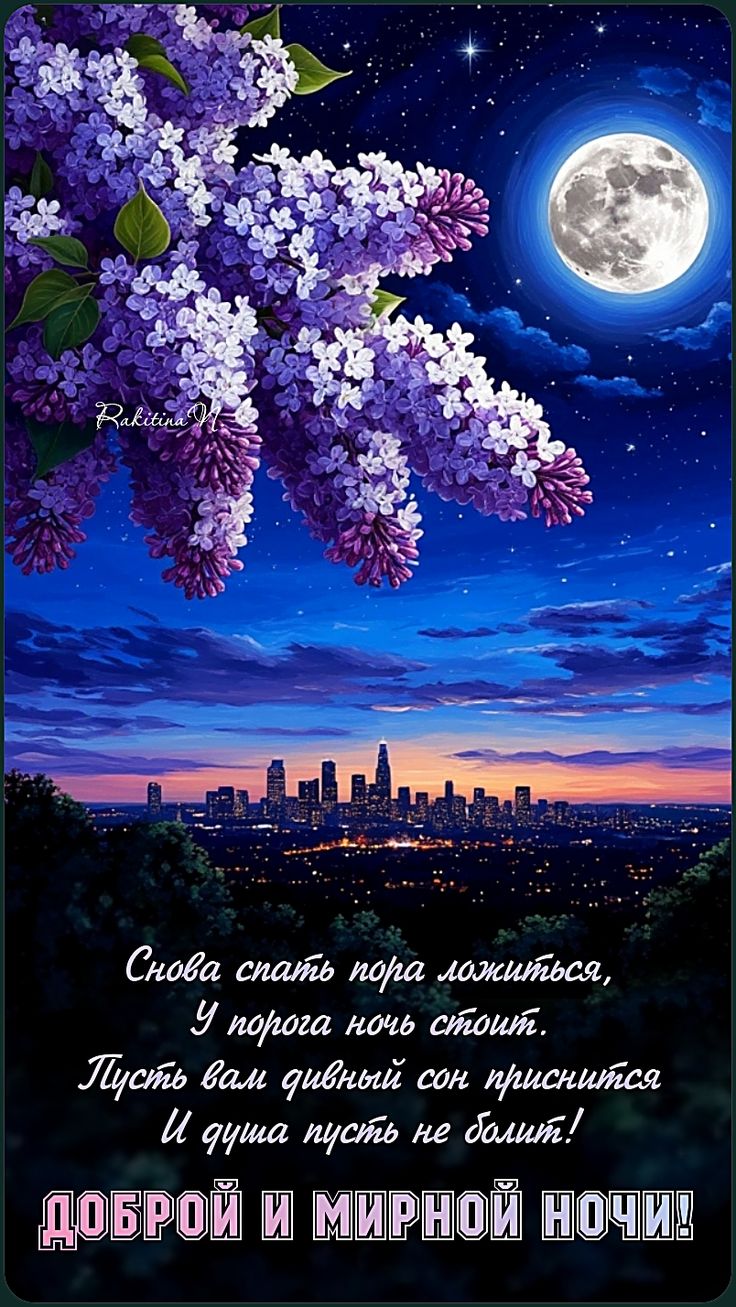 Открытка «Доброй ночи»: Доброй ночи: «Сирень под луной» и душевное пожелание. Тэги: Спокойной ночи, пожелание, сказоч…