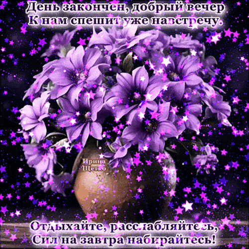 Открытка «Добрый вечер и пожелания»: Добрый вечер и пожелание отдыха с фиолетовыми цветами. Тэги: Доброго вечера и хо…