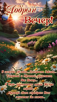 Открытка «Добрый вечер и пожелания»: Добрый вечер: стильное пожелание и закатный пейзаж. Тэги: Доброго летнего вечера…