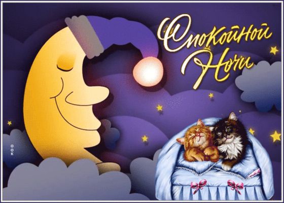 Открытка «Доброй ночи»: Спокойной ночи: Спящие котята под охраной месяца.