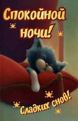 Открытка «Доброй ночи»: Спокойной ночи: «Спящий котенок на подушке». Тэги: Спокойной ночи, Спокойной ночи, с пожелани…